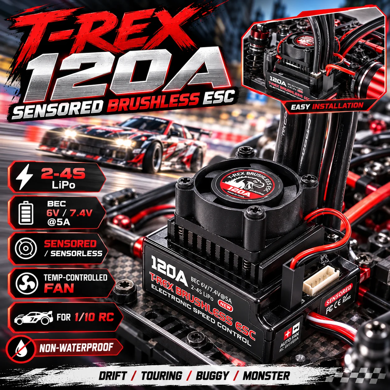 Brushless Esc Sensored 120A Rc Drift - Controlador de Velocidade ESC Sem Escovas