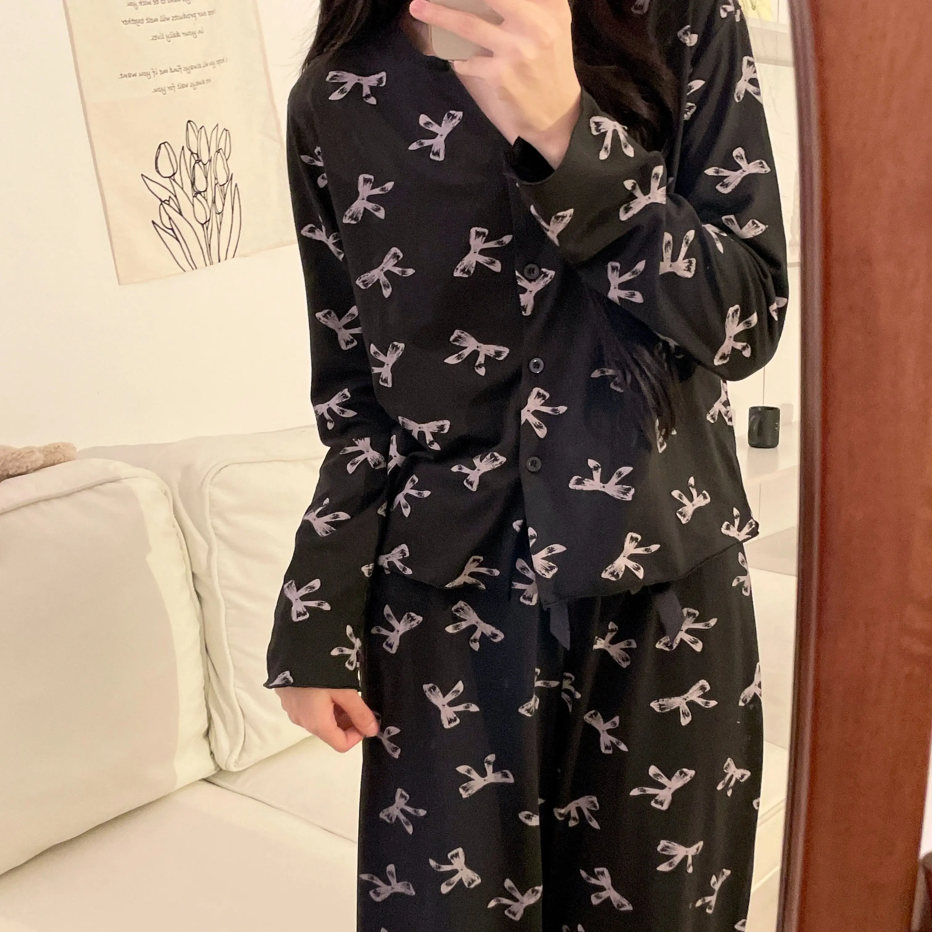 

Cartoon Bow Print Pajamas Set Autumn Winter Long Sleeve Elegant Women's Nightgown Set Cute Home Sleepwear V-Neck Home Clothes