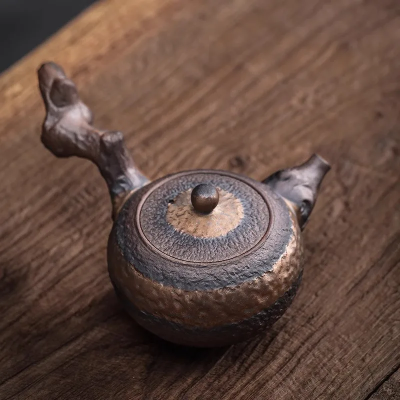 Retro Chinese Zen-Style Gilted Rust Glazed Ceramic Side Handle Tea Kettle with Heat-Resistant Handle, Wabi-Sabi Mug