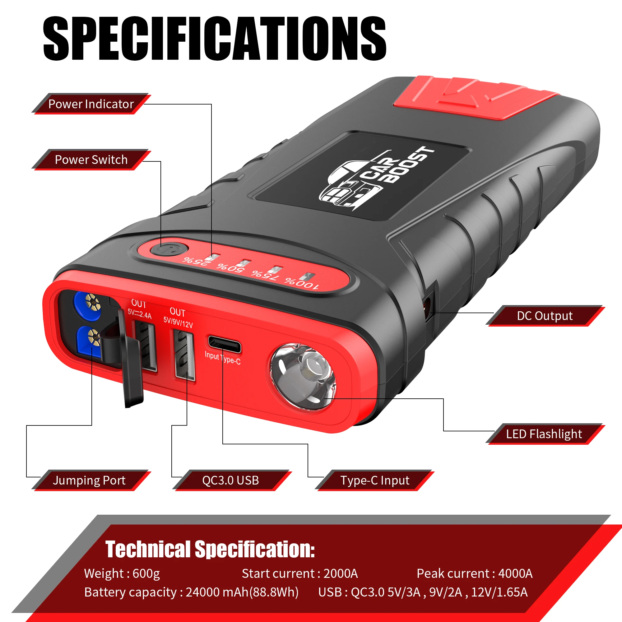 Portable Lithium 24000 mAh Start Booster Power Bank Auto Starting Battery Charger Jump Starter for Cars