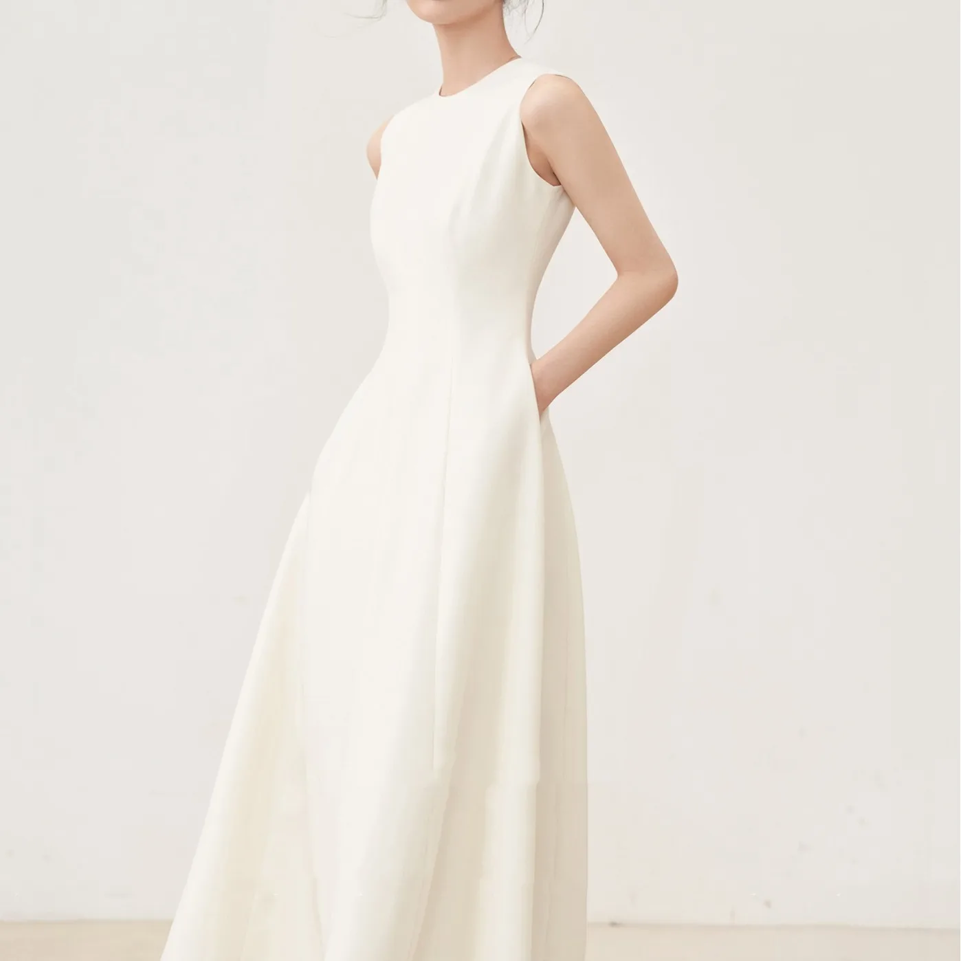 Women's Summer France Style Elegant A-line Empire Waist Dress O-neck Sleeveless Solid Color Simple Female Frock Dress