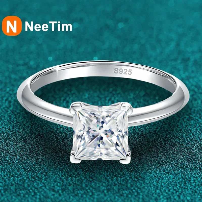 NeeTim 2ct VVS1 Princess Cut Moissanite Diamond Ring for Women S925 Sterling Silver Eternity Band Wedding Party Fine Jewelry