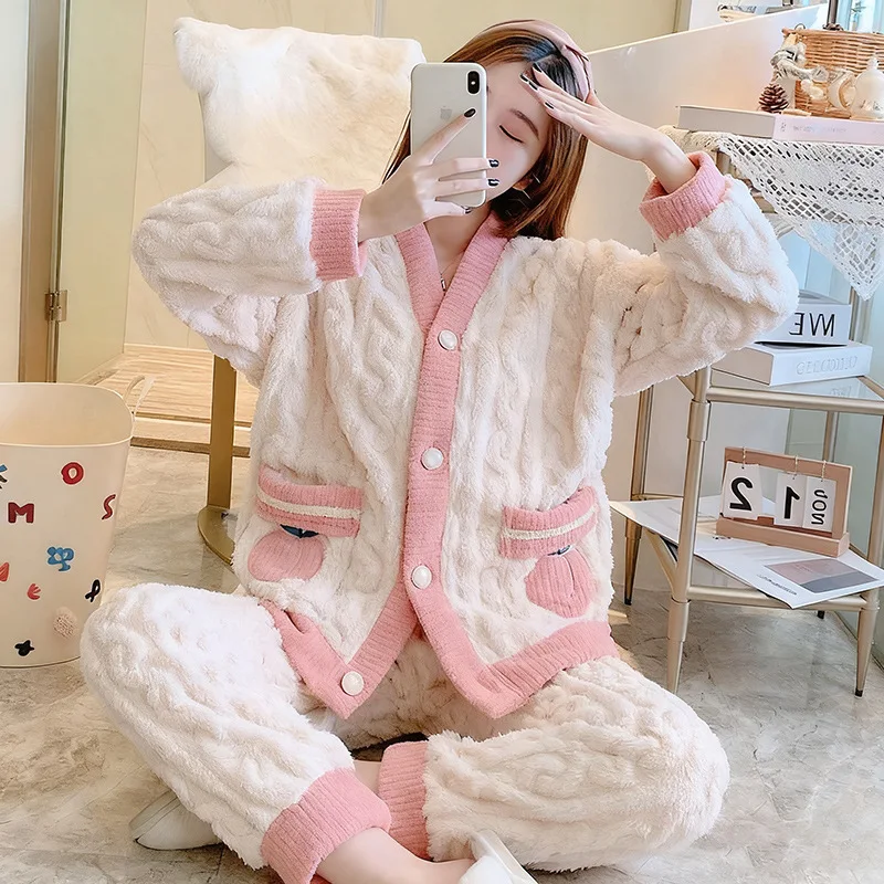 Women's Coral Fleece Pajamas Set Thickened Fluffy Home Clothes Winter Warm Cartoon Print Loose Fit Velvet Sleepwear