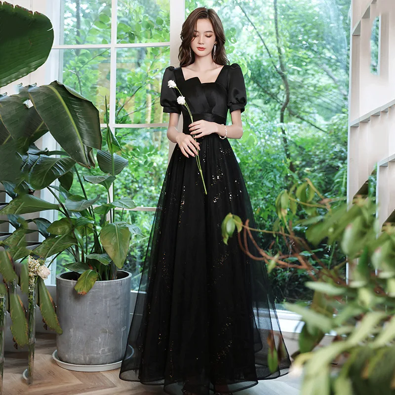 

Luxury Black Evening Dress Vintage Square Neck Sequin Tulle A-line Long Cocktail Party Gonws For Elegant Women