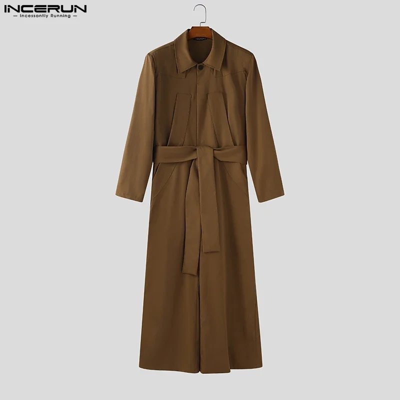 INCERUN Men Overalls Solid Color Lapel Long Sleeve Casual Wide Leg Jumpsuits Loose Streetwear 2025 Fashion Male Rompers S-5XL