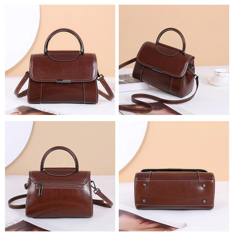 2024 New Style Women\'s Bag Female Vintage Oil Wax Cowhide Split Leather Flap Messenger Shoulder Bag Lady Fashion Handbag Tote