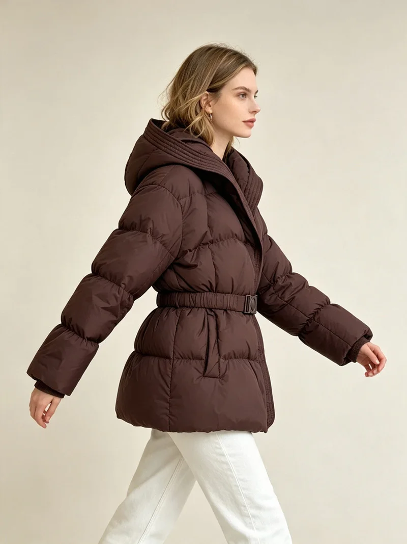 Schinteon Women White Down Jacket with Hood Solid Color Fashionable Autumn Winter Warm Outwear Parka Belt 2026 New Real Pictures