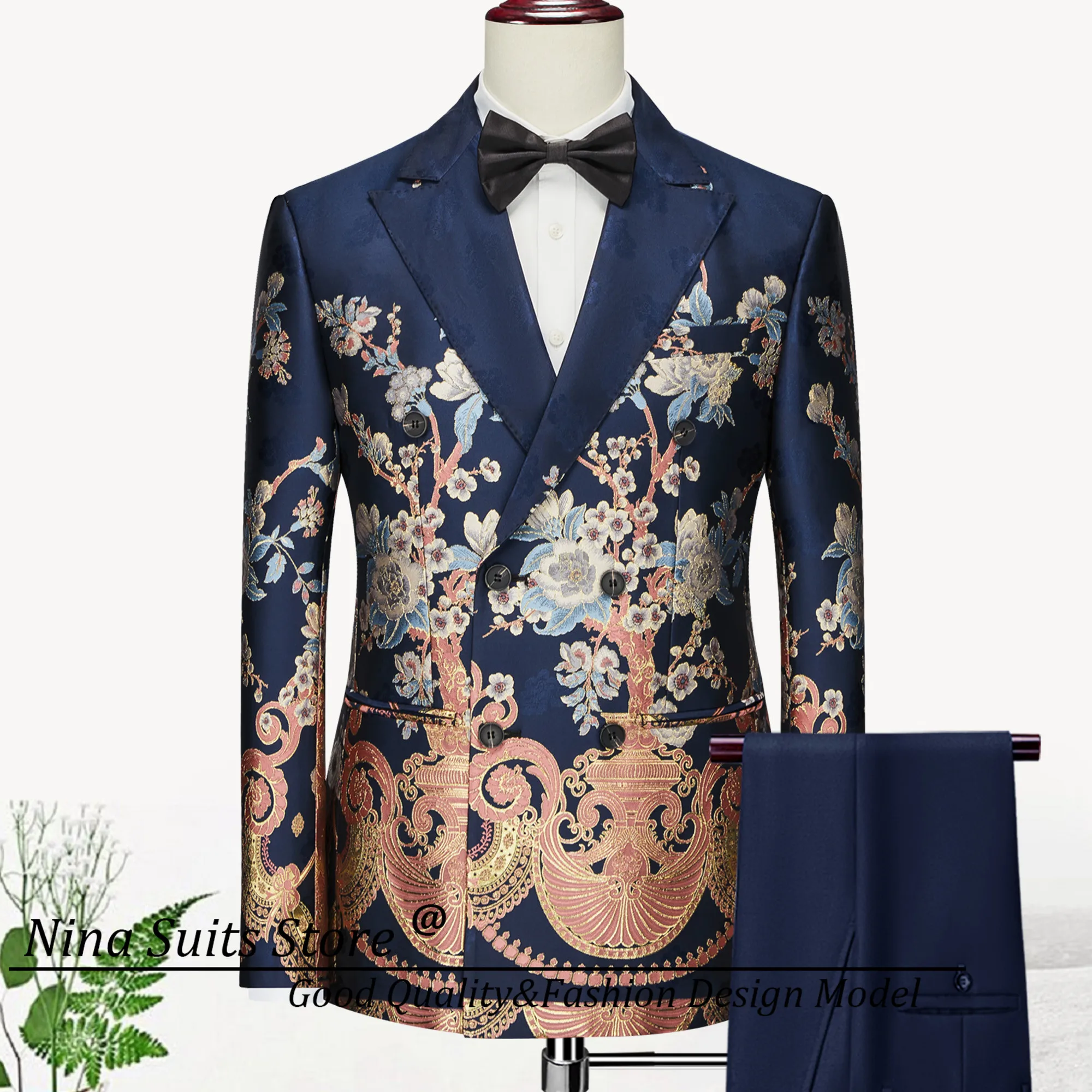 

Gwenhwyfar Роскошный жаккардовый пион, однотонные темно-синие брюки, мужские вечерние смокинги, 2026, новые двубортные костюмы с острым лацканом для мужчин