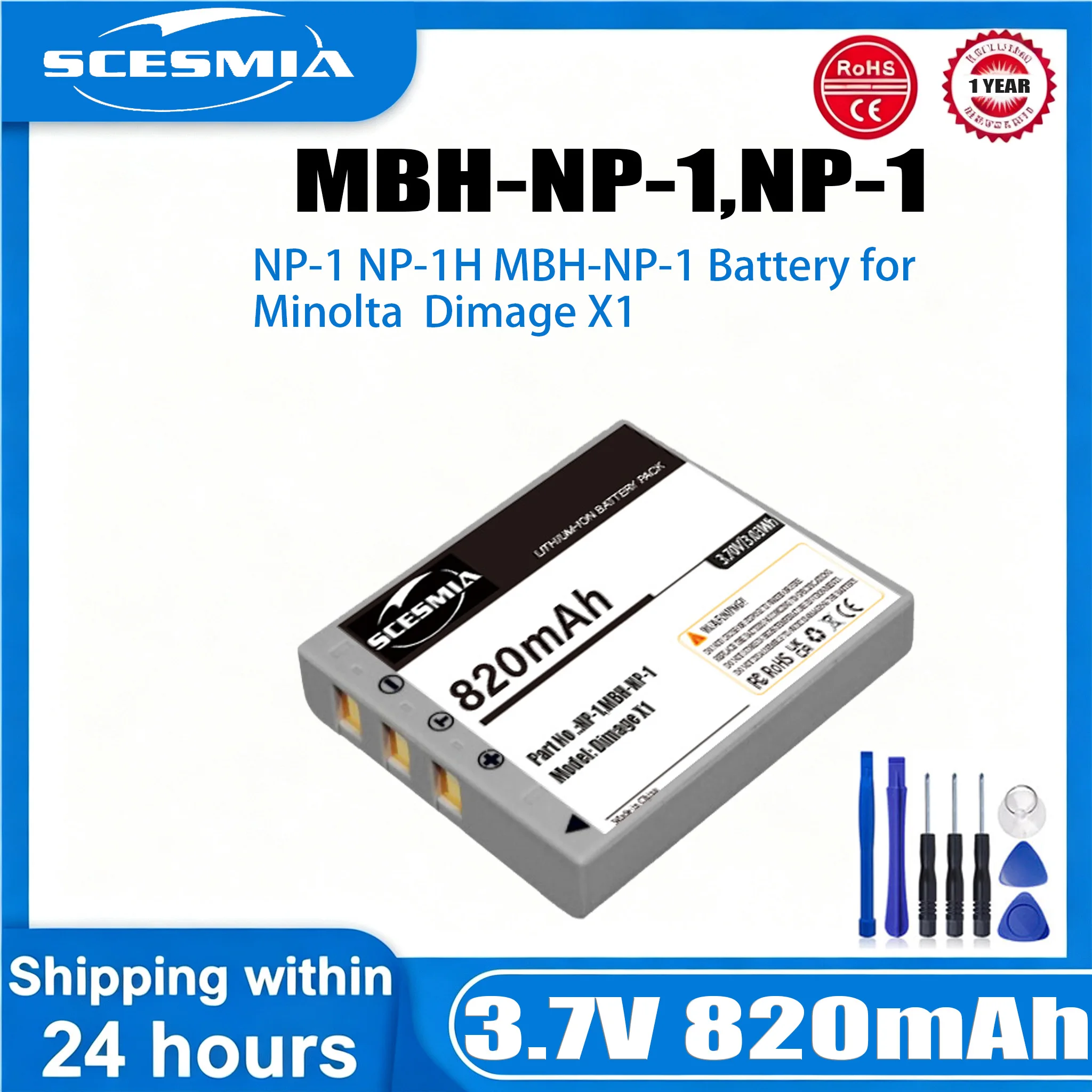 820mAh Battery NP-1, NP-1H, MBH-NP-1 for MINOLTA Dimage X1,--820mAh / 3.03Wh--Li-ion--3.70V
