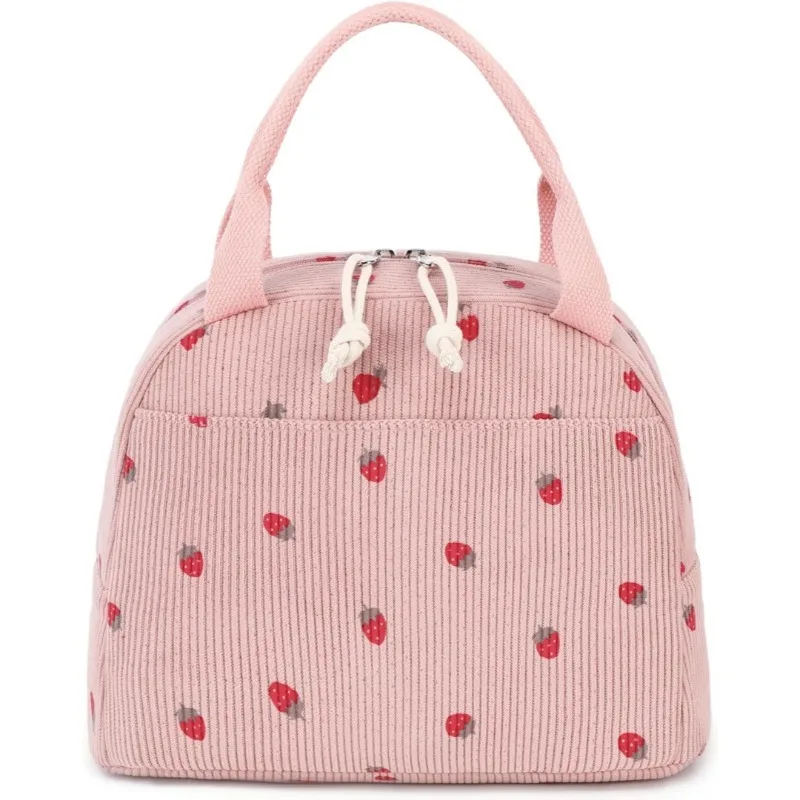 Niedliche Cord-Lunchtasche für Frauen, Isolierte Wiederverwendbare Lunch-Tasche mit Erdbeer-Print, Tragbare Thermische Mahlzeiten-Vorbereitungstasche für Picknicks – Detail 4