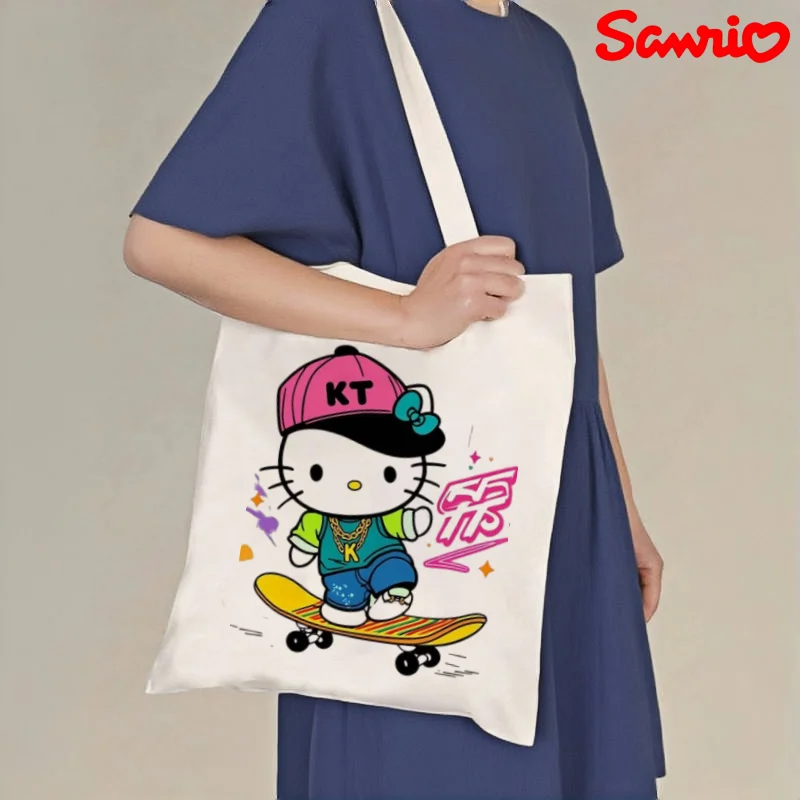 

1pc Cool Hello Kitty Skater Print Canvas Tote Bag, Large Capacity Eco-friendly Reusable Handbag