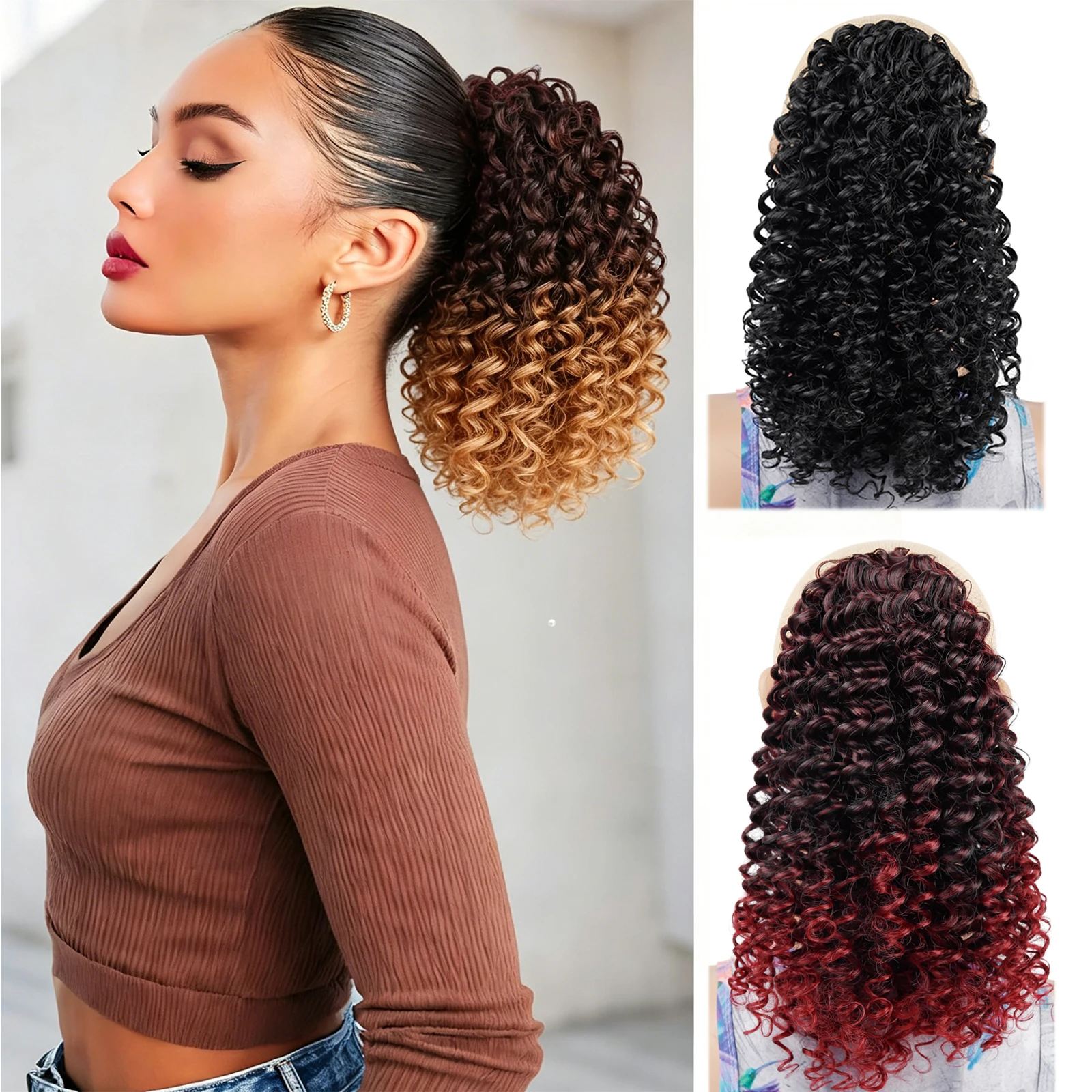 Short Mini Spring Curl Drawstring Ponytail Synthetic Afro Kinky Curly Hair Puff Double Combs Multi Color Gradient Hair Piece