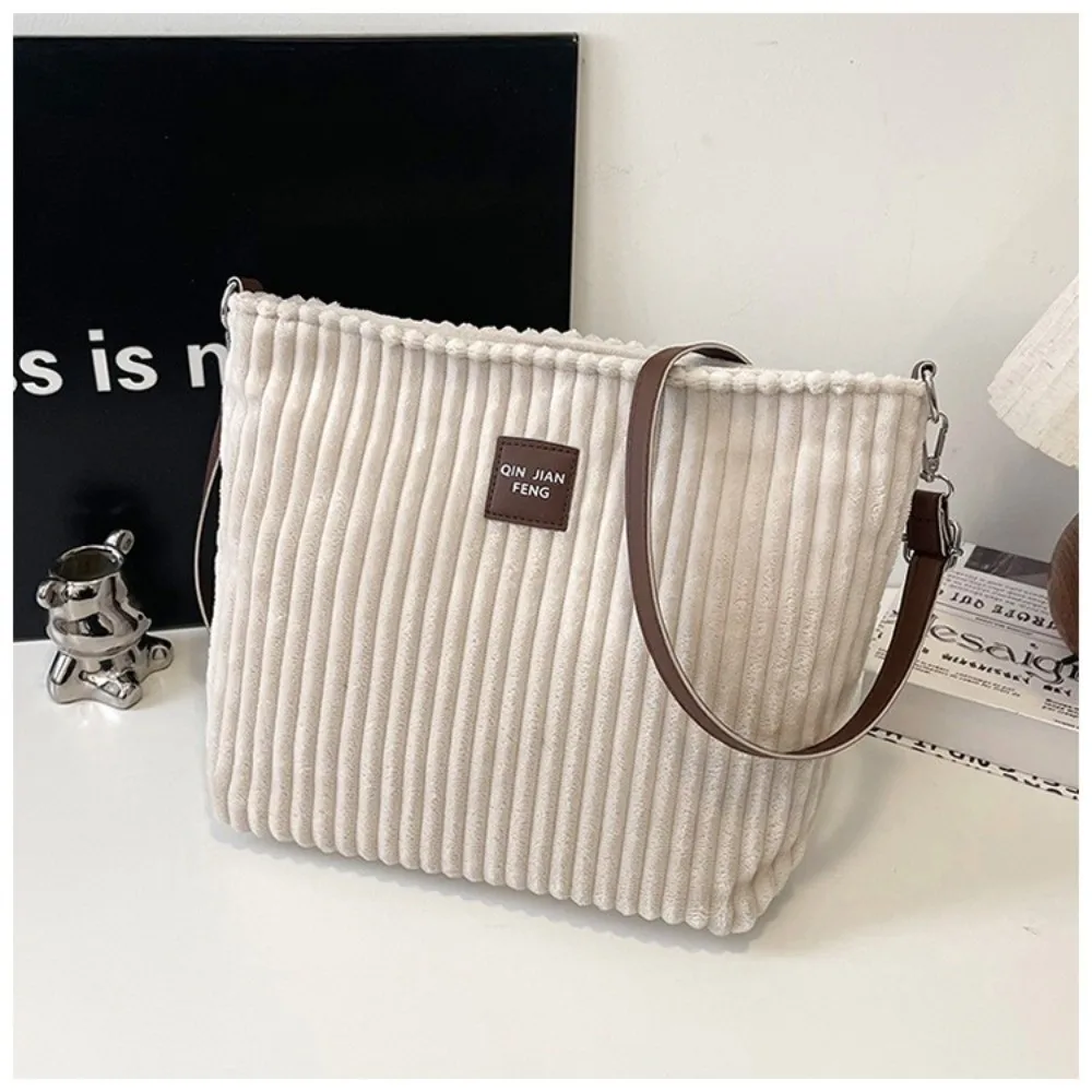 New Corduroy Shoulder Bags Large Capacity Ajustable Strap Crossbody Bags Strips Pattern Solid Color Handbags Casual Use