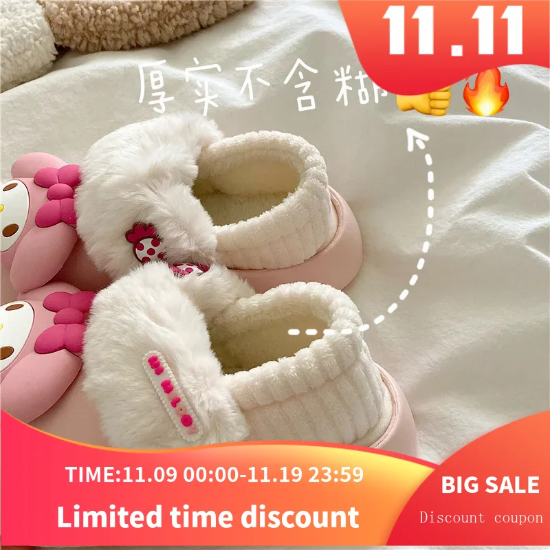 Miniso Sanrio Cotton Slippers Yk2 Kuromi Cinnamoroll Women Winter Plush Non Slip Girl Cute Flat Shoes Slippers Girl Gift