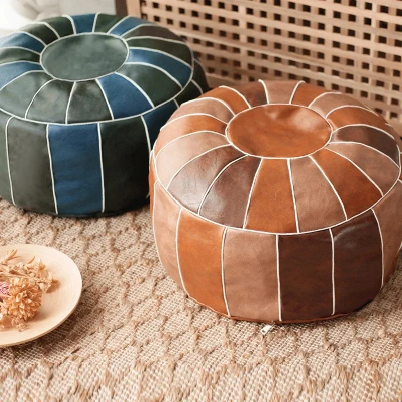 PU Leather Pouf Embroider Craft Hassock Nordic Moroccan