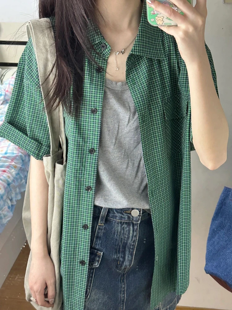 2024 Summer Short Sleeve Plaid Loose Women Blouse Y2k Aesthetic All Match Single Breasted Blusas Fashion Harajuku Pocket Shirt