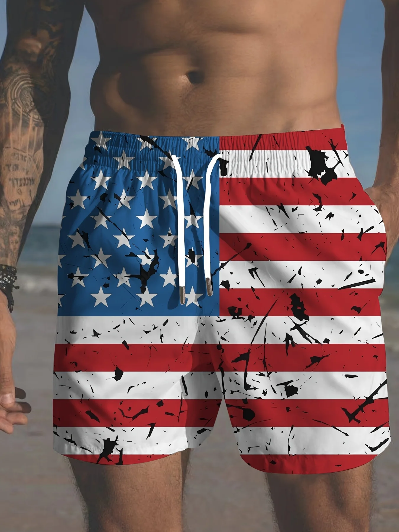 

Men's Denim Look Ripped USA Flag Print Beach Shorts Drawstring Waist Quick Dry Casual Swim Trunks 2026