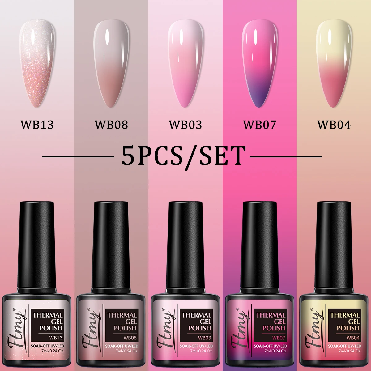 FTMY 5-delige 7ml herfstkleur hete gel nagellakset, temperatuur kleurveranderende gelnagelset, nagelbenodigdheden, nagelbenodigdheden,