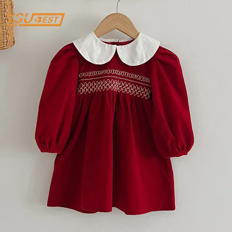 Primavera otoño niños niñas de manga larga dulce Color sólido vestido de princesa nuevos niños niñas vestido niños ropa vestido