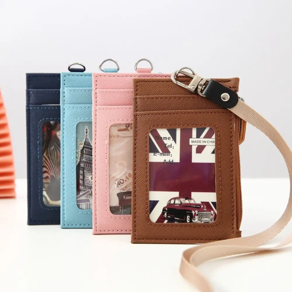 New PU Leather Card Badge Holder with Neck Lanyard Student Card Bag Coin Purse Card Case Zipper Bag Office Casual Supplies