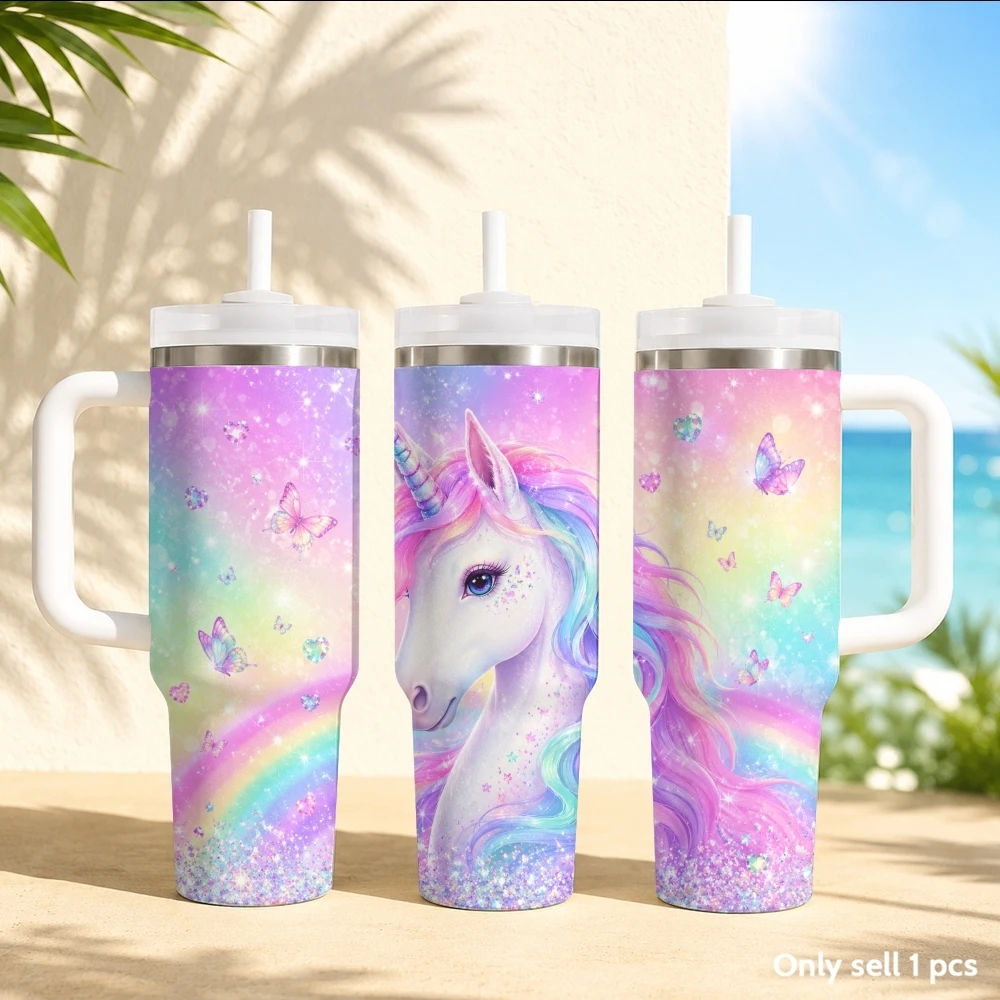 Colorful Rainbow Pony Vacuum Flasks 40oz Stainless Steel Insulated Tumbler with Handle & Straw Leakproof Travel Mug