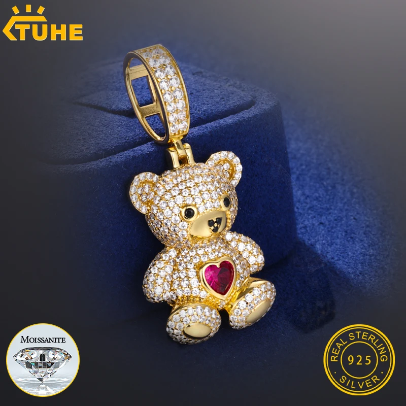 

TUHE S925 стерлингового серебра муассанит плюшевый мишка кулон Iced Out хип-хоп ювелирные изделия ожерелье милое сердце подарок