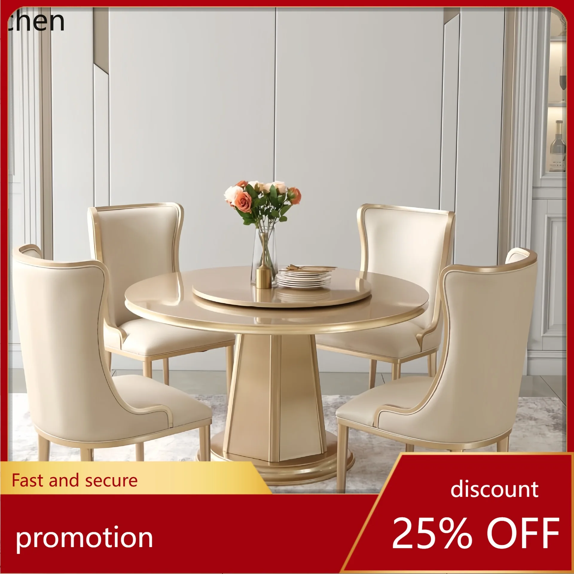 

YFY Solid Wood Light Luxury Dining Table with Turntable Luxurious Champagne Gold Dining Table