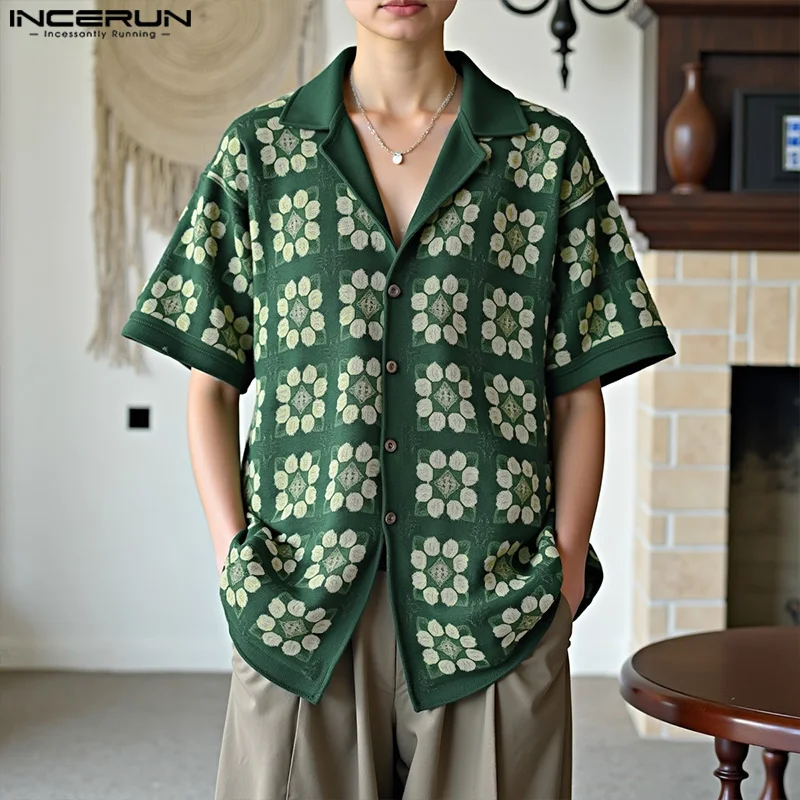 

INCERUN Мужская рубашка с принтом и лацканами, с коротким рукавом и пуговицами, свободная мужская одежда, уличная одежда, лето 2021, повседневные мужские рубашки для отпуска, S-5XL