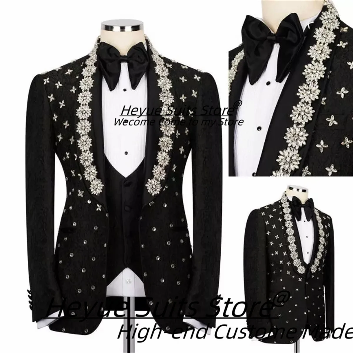Customized Shiny Diamonds Black Male Prom Party Blazers Formal Groom Wedding Tuxedos 3Pieces Sets Handsome Elegant Costume Homme