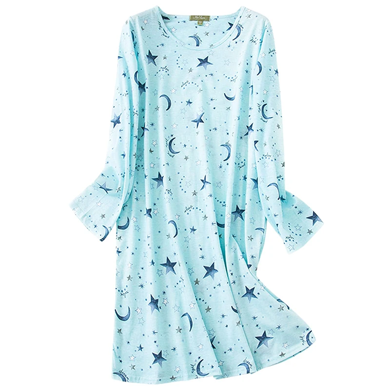 Women\'s Long Sleeved Round Neck Knee Length Nightgown That Is Soft, Comfortable, And Features a Cute Pattern Design.