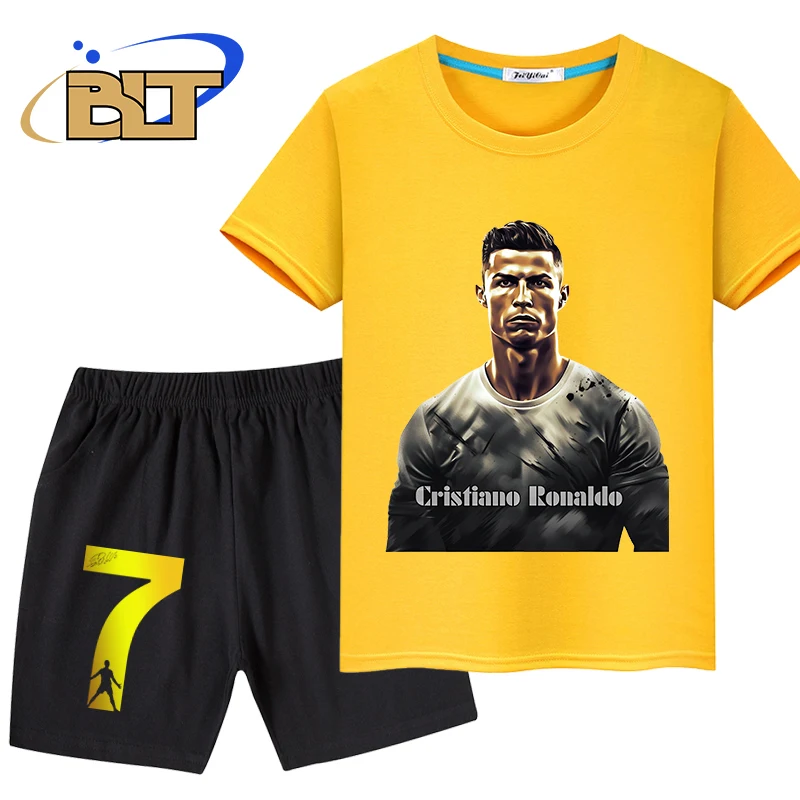 Ronaldo printed summer children's T-shirt suit sports short-sleeved shorts 2-piece set suitable for boys and girls