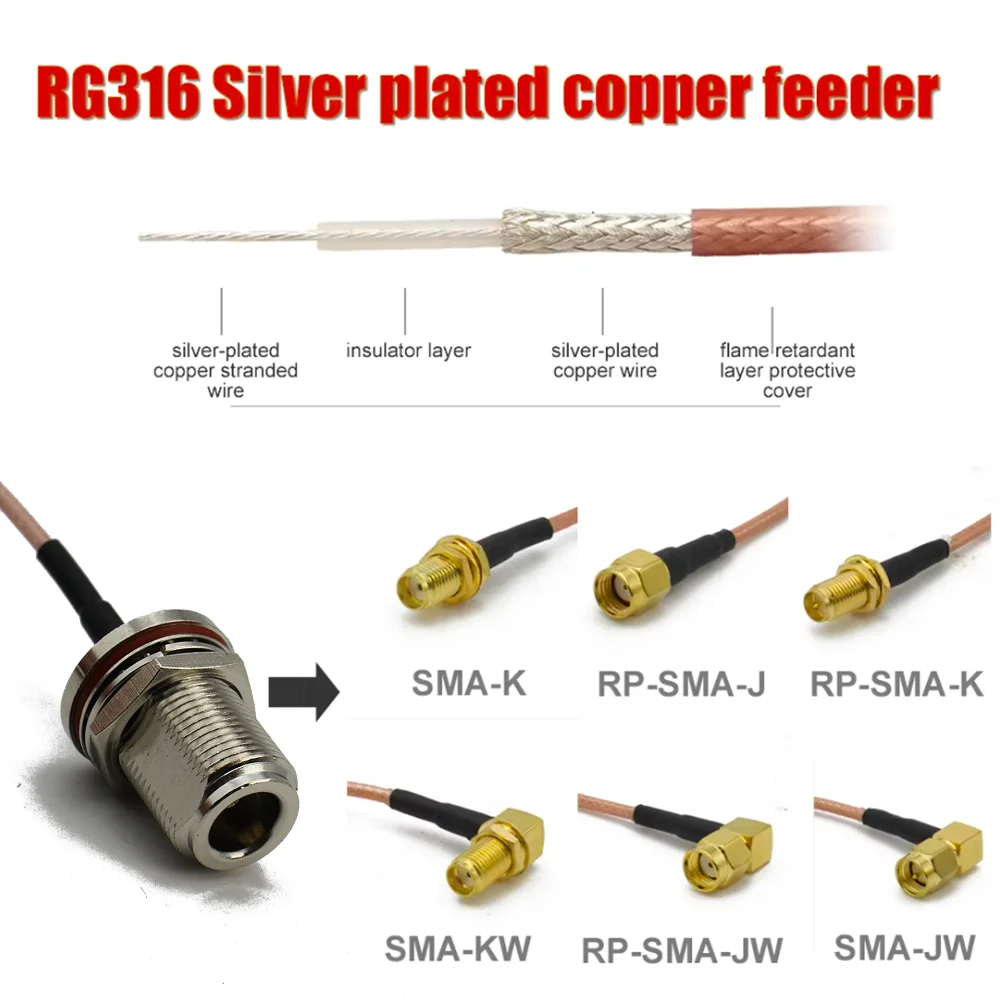 RG316 Cable N Female To SMA Male Extension Conncetor N Type L16 To RPSMA Crimp for RG-316 Pigtai Low Loss Coax Copper Brass