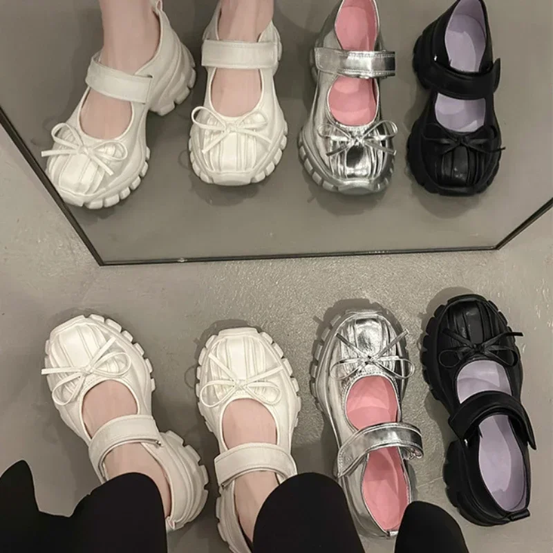 Women Casual Silver Platform Ballet Shoes Thick Sole Sneakers New Summer Fashion Single Shoes Woman Platform Mary Jane Pumps