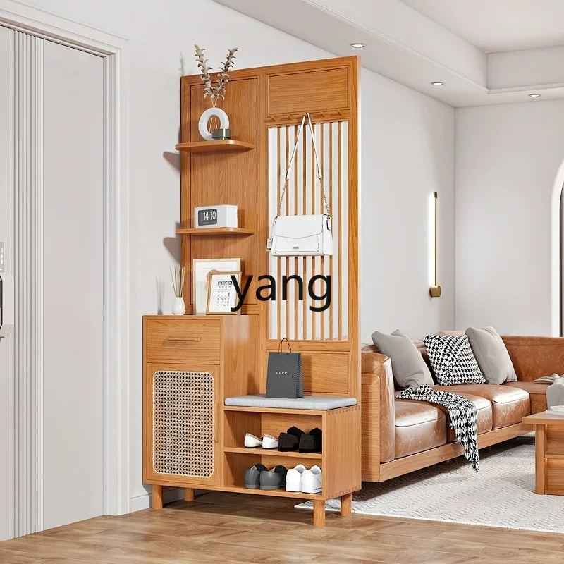 LMM  Solid Wood Home Entrance Hall Rattan Shoe Cabinet Partition Living Room Integrated Entrance Cabinet Screen