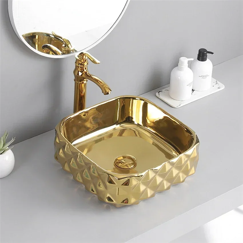 Integrated Ceramic Tabletop Basin Electroplated Washbasin Light Luxury Household Hotel Engineering Art Wash Basin 400*400*150mm