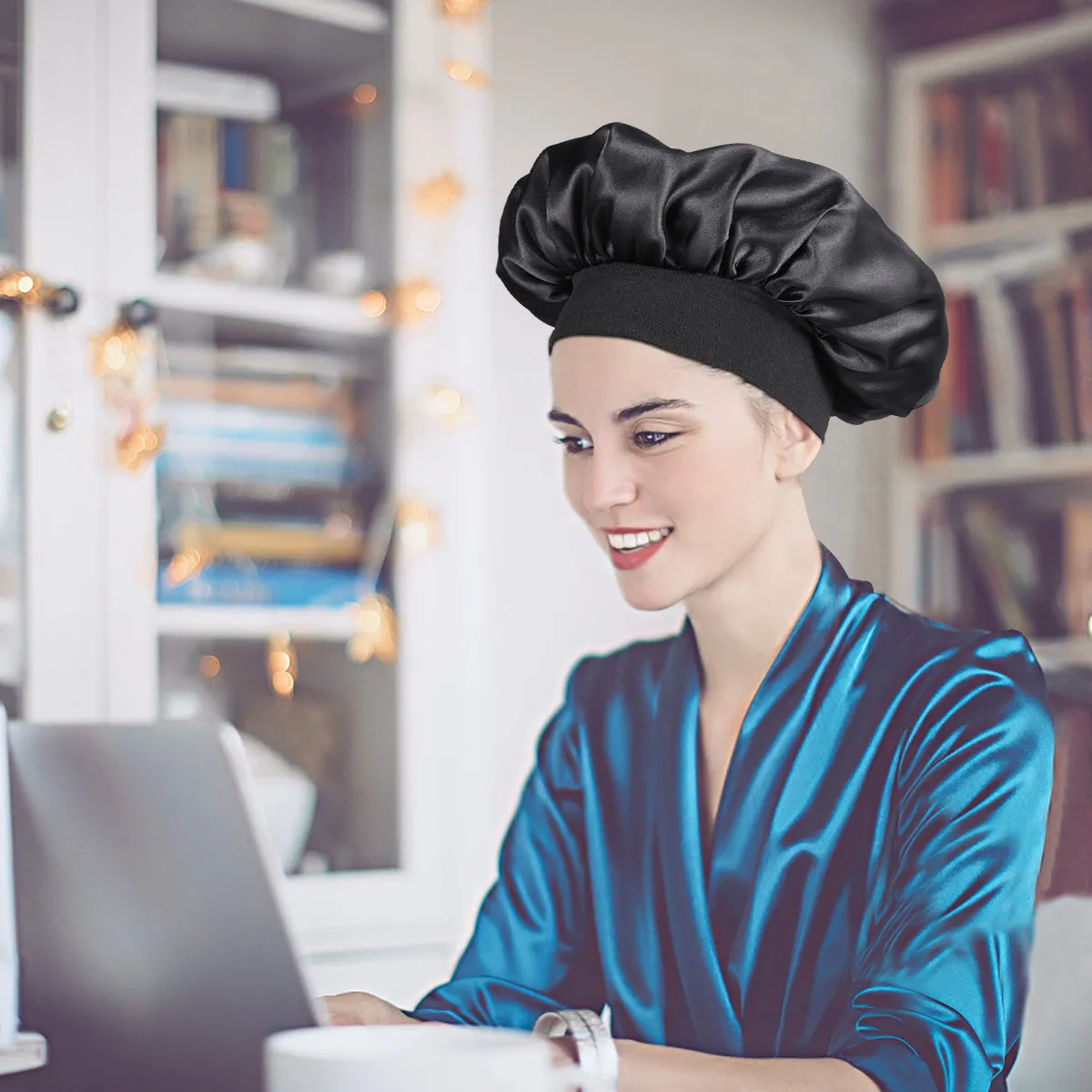 Black Wide Side Sleeping Cap Long Hair Bonnet High Resilience Fabric Sleep Hat Skin Friendly Oil Control Adjustable Fit 56-58Cm