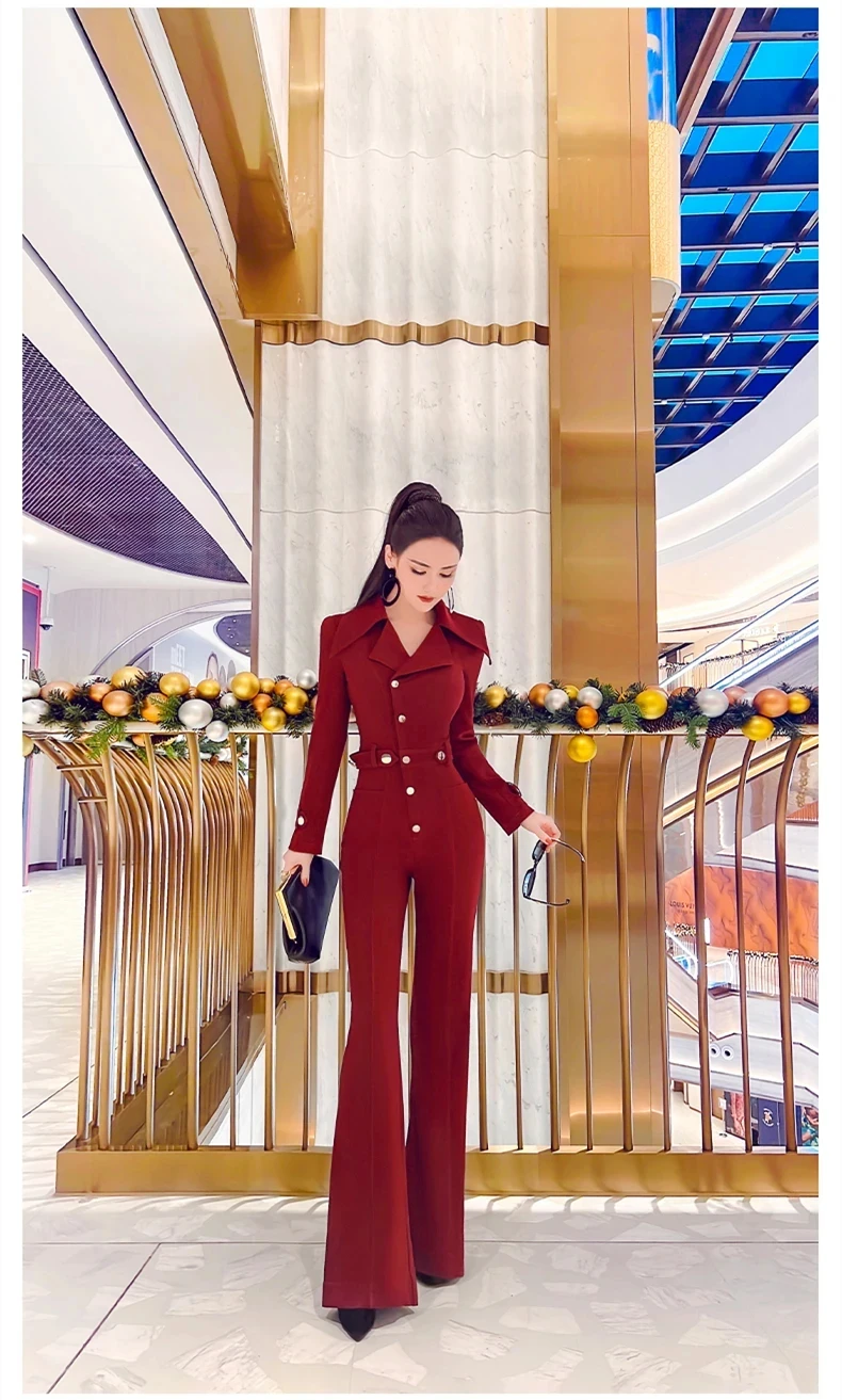 new spring and autumn office lady fashion casual brand female women girls wine red jumpsuits clothing