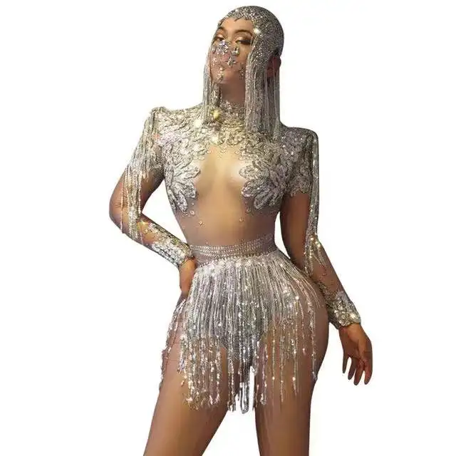 Women Dancer Show Wear High-neck Outfit Prom Birthday Wear Flashing Silver Sequin Fringe Rhinestone Spandex Bodysuit