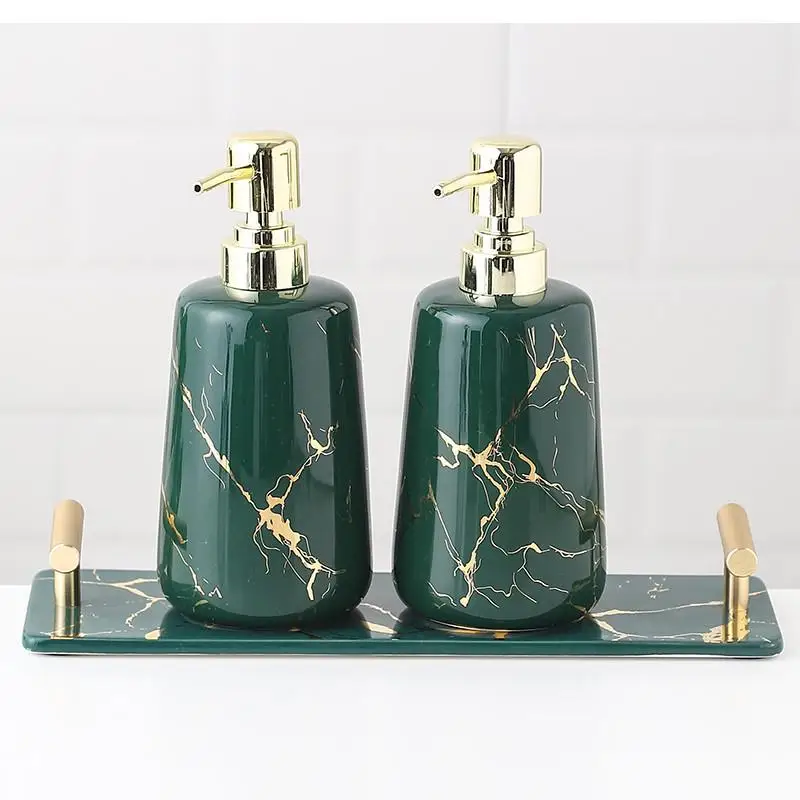 Green Ceramic Toothbrush Holder Bathroom Supplies Soap Dispenser Golden Marble Storage Tray Decoration Accessories