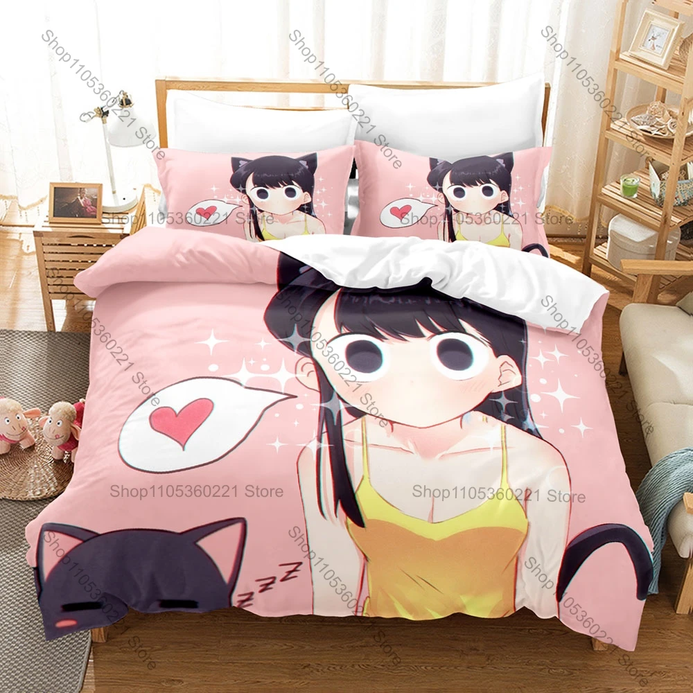 Sweet Komi & Tadano Graphic High School Daily Life Shy Beauty Girl Heartwarming Anime Bedding Duvet Cover + 2 Pillowcases Teen