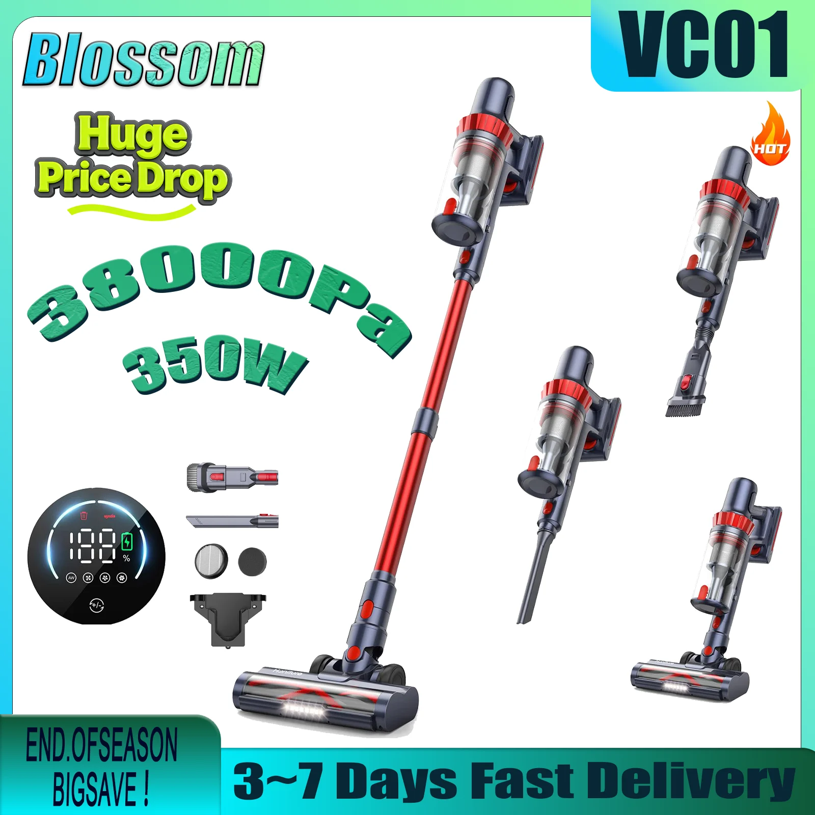 

Беспроводной ручной пылесос Blossom VC01, 350 Вт, 38 кПа, 60 минут работы, съемный аккумулятор, LED-дисплей, доставка по США