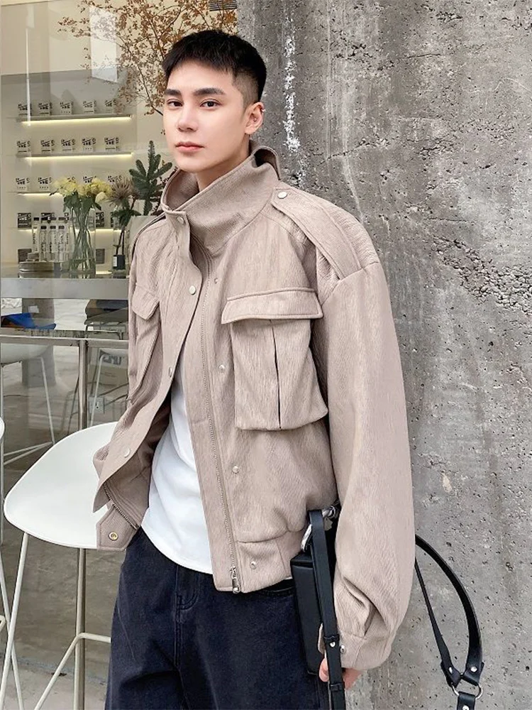 Texture Spring Pleated Fabric Stand Collar Men's Short Coat 2022 New Fashion Three-dimensional Bag Korean Trendyjackets