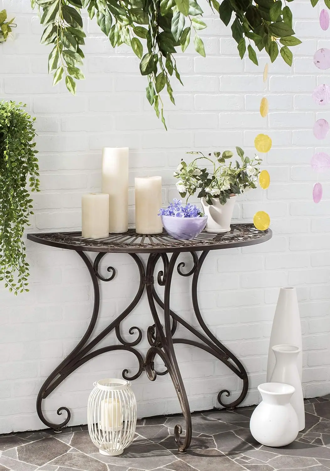 Rustic Scrollwork Iron Half Moon Table For Patio Deck Garden Porch
