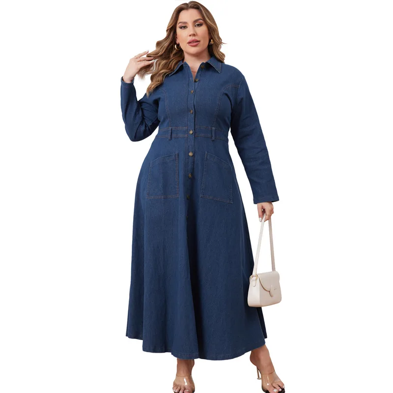 

Women Denim Long Dress Y2k Streetwear Work Casual A Line Vestidos Turn Down Collar Full Sleeve Washed Button Elegant 2026 Summer