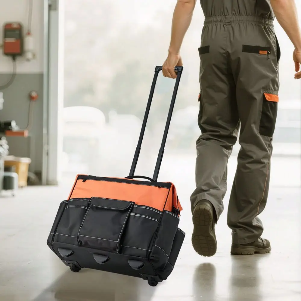Tool Bag, 110 Lbs Load Capacity, 27 Pockets Heavy Duty Roller Tool Bag On Wheels, Adjustable Telescoping Handle Stable Base