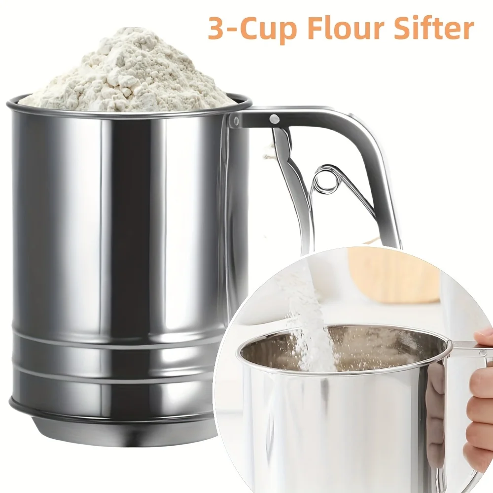 1/2pcs Stainless Steel Flour Sifter One Hand Press Crank Powdered Sugar Shaker Duster for Baking Cakes Kitchen Essential Tools