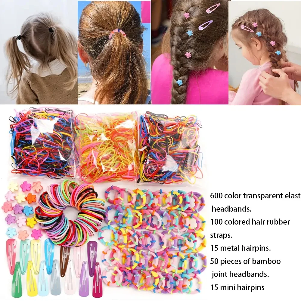 780pcs A Bag Of Multipurpose Children Lovely Colorful Flower Clip Bb Clip Bamboo Knots Disposable Hair Ring Leather Band Hair