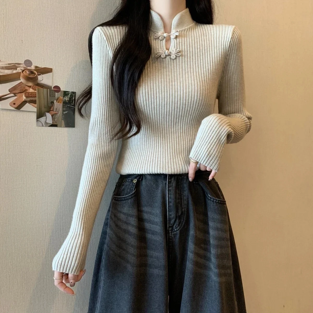 

Новая женская футболка с длинным рукавом в китайском стиле, осень/зима 2022, облегающий базовый слой с застежкой на толстой ноге в стиле ханьфу