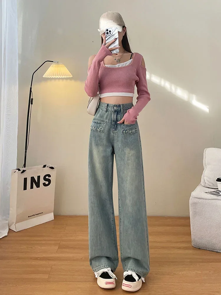 Letter Wide-Leg Jeans Summer Autumn Thin 2024 New High Waist Straight Mop Pants