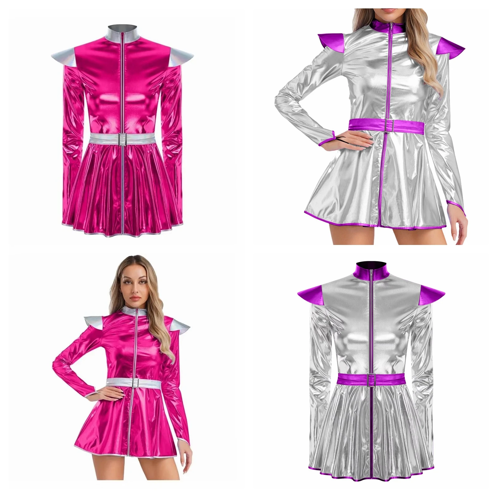 

Женский металлический костюм робота на Хэллоуин, карнавал, вечерние, косплей, костюм инопланетянина, платье с длинными рукавами, блестящее космическое нарядное платье